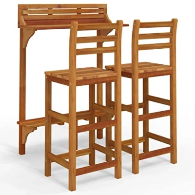 Image of vidaXL 3 Piece Balcony Bar Set Solid Acacia Wood Brown Finish Sturdy and Durable Outdoor/Indoor Furniture Ideal for Patio, Terrace Garden Comfortable Stools with Footrest Easy M...