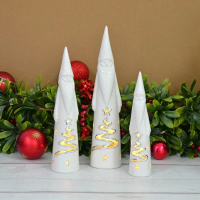 Image of Mr Crimbo Set of 3 Light Up Santa Ornaments Christmas LED Ceramic White Silver Figurines