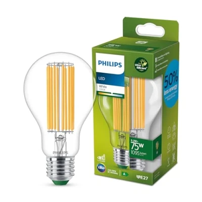 Image of PHILIPS LED Ultra Efficient Light Bulb A Label Energy Rating [White 3000K E27 Edison Screw] 75W, A70 Clear. for Indoor Home Lighting.