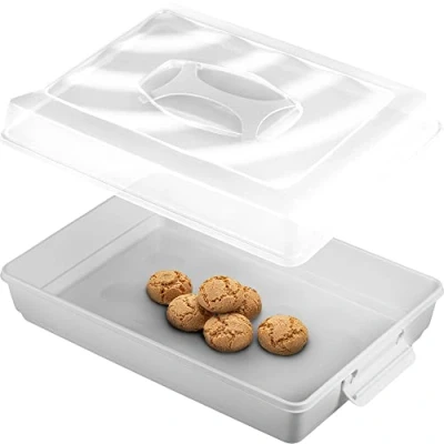 Image of KADAX Plastic Cake Carrier, Transparent Container with Airtight Lid, Rectangular Storage Box Handle and Locking Clips (43.5 x 30 cm, Grey)