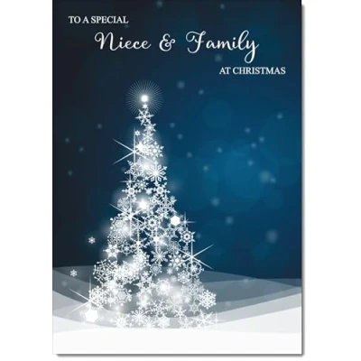 Image of doodlecards Niece and Family Christmas Card Blue Contemporary Tree Medium Size for &amp; with Plain Envelope