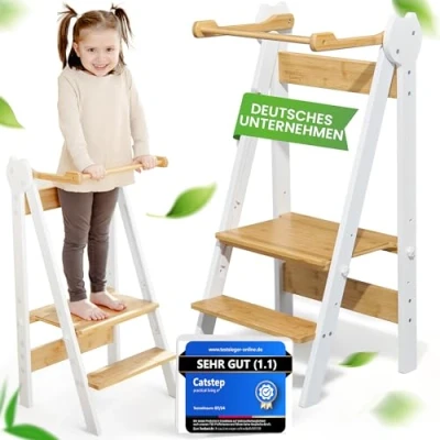 Image of practical living e* Montessori Learning Tower Space Saving and Height Adjustable Bamboo for Children from 1 Year (Foldable) Tower, Step Stool, Stool