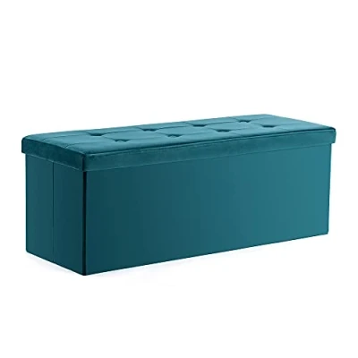 Image of HNNHOME Storage Ottoman with Lid 110 x 40 cm, Foldable Footstool 151L Capacity, Velvet Blanket Box Chest, Bedroom Bench, Living Room (Teal, Large)