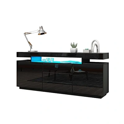 Image of AWOOOD Black Sideboard Cabinet Cupboard Matt Body &amp; High Gloss TV Stand Unit LED Light with 2 Doors 3 Drawers 160cm for Living Room Dining
