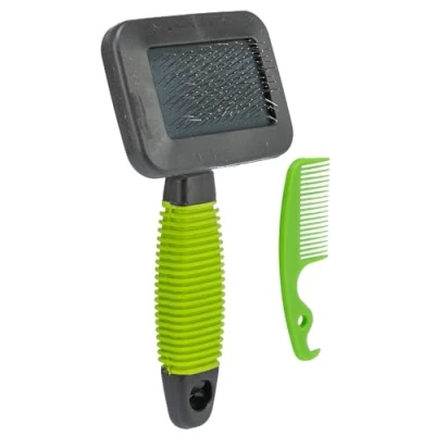Image of TRIXIE soft brush for grooming top coat &amp; undercoat metal bristles with cleaner rubberised handle black/green 7 x 13 cm 6288