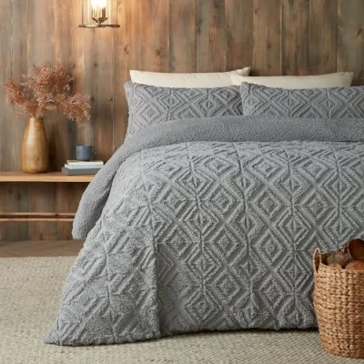 Image of Fusion Grey Teddy Fleece Duvet Cover Double Bedding Size (200 x 200cm) Reversible Design Dark Jacquard Geometric Square Tufted Super Soft &amp; Cosy