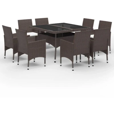 Image of vidaXL 9 Piece Garden Dining Set Poly Rattan and Tempered Glass Brown