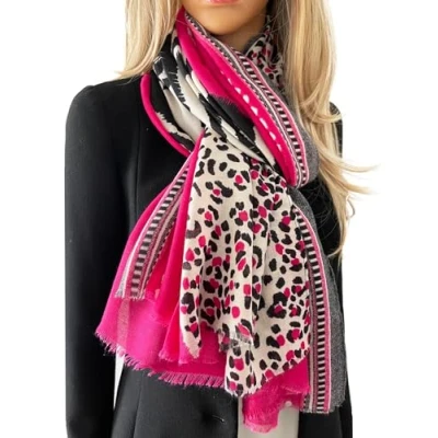 Image of The Accessory Co. Ladies Large Leopard Print Scarf for Women, Animal Scarves, Long Neck Scarf, Designer Shawl Wrap Tiger Zebra, Mustard Yellow Green Pink (Fuchsia)