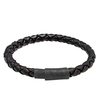 Image of Kuzzoi Buddha Leather Bracelet for Men, Handmade Men&#039;s Made of 925 Sterling Silver Oxidised, Black Braided (6 mm), Magnetic Clasp, Length 19 cm, centimeters,