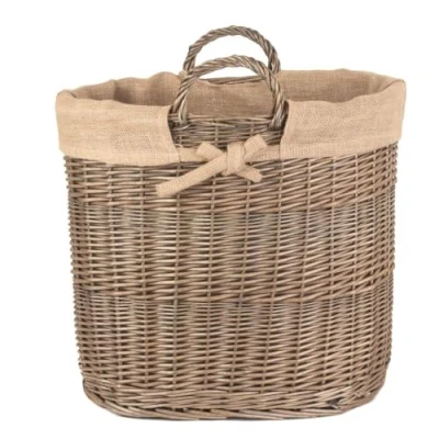 Image of Red Hamper Hessian Lined Oval Log and Storage Basket, Wicker, Brown, H31 x W40 D40cm