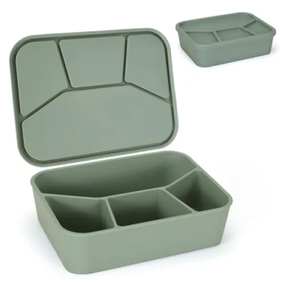 Image of LELE LIFE Leak Proof Silicone Lunch Box Bento Box, Container 4 Compartments for Adults, Snack Microwave &amp; Dishwasher Safe, Olive Green