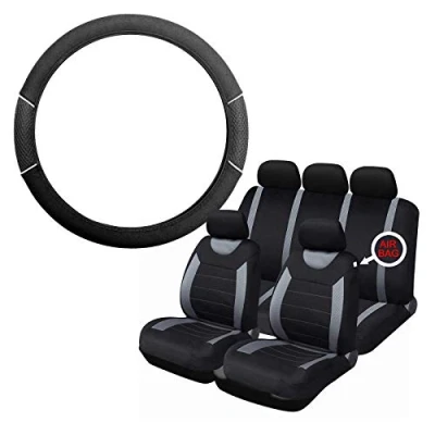 Image of UKB4C Grey &amp; Black Steering Wheel Seat Cover set for Citroen C3 Picasso 09 On