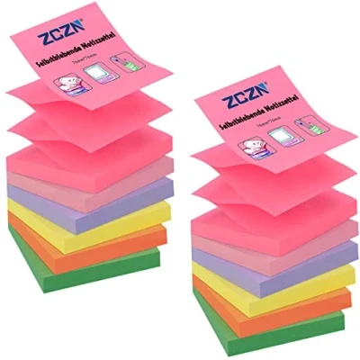 Image of ZCZN Pop up Sticky Notes 76 x mm, 12 Pads Assorted Colours Self Stick Z Notes, 100 Sheets/Pad, (Orange,Yellow,Pink,Light Purple,Rose Red,Green)