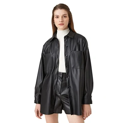 Image of Koton Women&#039;s Pocket button faux leather shacket Jacket, Black (999), XS/S