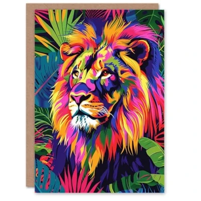 Image of Artery8 Birthday Card Jungle Lion Colourful Vibrant Design For Him Man Male Dad Brother Son Papa Grandad Greeting