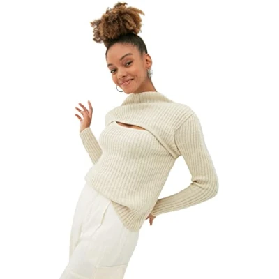 Image of Trendyol Women Slim fit Basic Crew Neck Knitwear Sweater Stone