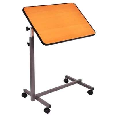 Image of ORTHOLOGICS™ Adjustable Overbed Table with Wheels Healthcare Tilting and Height Adjustments Tilt Angle Adjustment Laminated Top 27&quot; 44&quot; Desk M3
