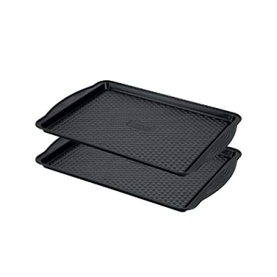 Image of Prestige Aerolift Baking Trays for Oven Non Stick Set of 2 Dishwasher Safe Tray with Extra Large Handles, Durable Carbon Steel, L 43.5 cm W 30.3 H