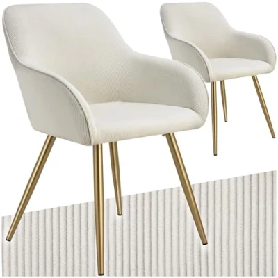 Image of TecTake® Set of 2 Dining Chairs in Corduroy Look with Soft Padding, Upholstered Armchair High Backrests &amp; Slim Steel Legs Ideal Dining, Kitchen Living Room Armchairs Cream/Gold