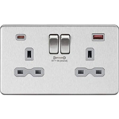Image of KnightsBridge 13A 2G DP Switched Socket with Dual USB FASTCHARGE ports (A + C) Brushed Chrome black insert