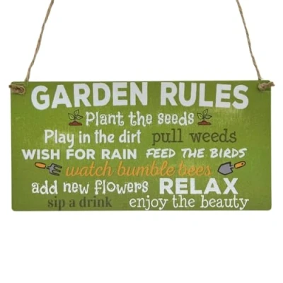 Image of Second Ave Funny Garden Rules Relax Wooden Hanging Rectangle Home Sign Plaque