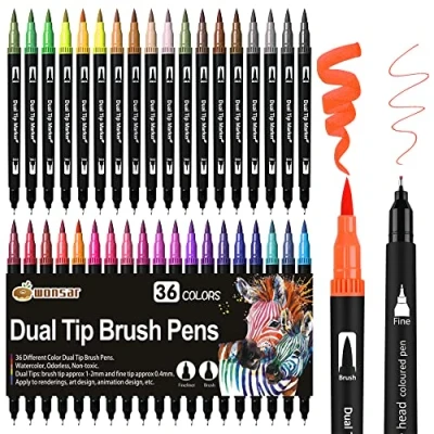 Image of Colouring Pens: 36 Colors Felt Tip Pens Set Dual Brush Art Markers for Kids Adults Book, Supplies Fineliner Marker Drawing Sketching Design Painting Calligraphy