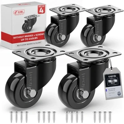 Image of GBL Heavy Duty Castor Wheels + Screws 50mm up to 200KG Pack of 4 No Floor Marks Silent Caster for Furniture Rubbered Trolley Black Castors