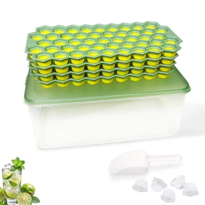 Image of Uptwomark Ice Cube Tray with Lid and Storage, 4 x Silicone Tray, Food Grade Trays for Freezer, Stackable &amp; Easy Release, 188 Honeycomb Moulds (Green)