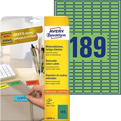 Image of Avery Zweckform L6049 20 Labels 25.4 x 10 mm Green Sheets