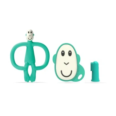 Image of Matchstick Monkey, Antimicrobial Teething Starter Set 1 Flat Face Teether, Animal 2 Silicone Finger Toothbrushes, 3 Months Old+, Green Monkey