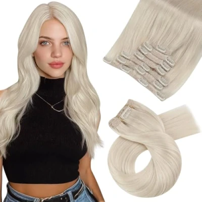 Image of Moresoo Clip in Hair Extensions Blonde Human Platinum Double Weft Real ins #60 16inch 7Pieces/120Grams