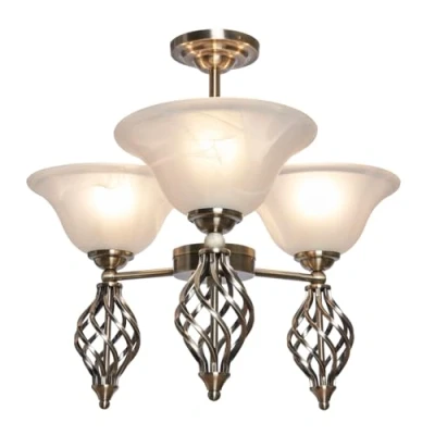 Image of LITECRAFT Ceiling Light Spiral Semi Flush 3 Arm with Alabaster Glass Shades Antique Brass
