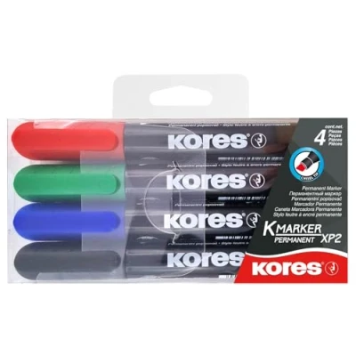 Image of Kores Coloured Permanent Marker Pens K XP2, Chisel Tip with Low Odour Ink Waterproof for All Surfaces School Supplies, Office Supplies Pack of 4 in Assorted Colours