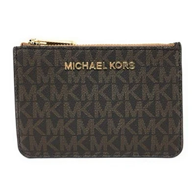 Image of Michael Kors Jet Set Travel Small Zip Pouch with ID Card Holder PVC Coated Twill Brown &amp; Tassel, One Size, Twill, and Taille Unique,