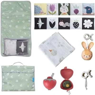 Image of Taf Toys TAF13135 Urban Garden Outdoor Kit Changing Mat with Internal Pouch, Large Swaddle, Double Sided Pram Book &amp; Dummy Case. Folds into Carry Bag. Suitable for Newborn Baby Boys Girls