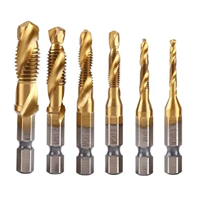 Image of Hilitand 6pcs HSS Tap Drill Bit Set, 2 in 1 Combination Drills and Taps M3 M4 M5 M6 M8 M10 Titanium Coated Metric Hex Shank Screw Tool Set