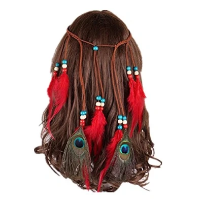 Image of Zhiheng Indian Headdress with 2pcs Peacock Feathers 8pcs Ostrich Hippie Headband Boho Headwear Carnival Head Pieces Hair Accessories for Party Favors (Red)