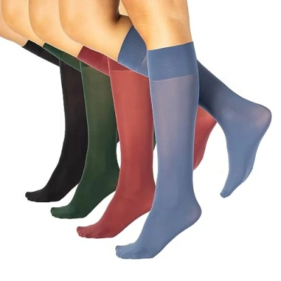 Image of CALZITALY Pack 4 Pairs Opaque Knee High Socks, Microfibre Pop Socks Black, Blue 40 DEN Italian Hosiery (One size, Jeans + Garnet Red Green Black)