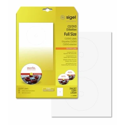Image of SIGEL LA505 Universal CD/DVD Labels with centering aid, Ø 11.7 cm (center 1.7 cm), 50 lbl equal to 25 sheets, White
