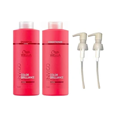 Image of Wella Invigo Brilliance Coarse Hair Shampoo &amp; Conditioner Duo Litre Pack + Pumps