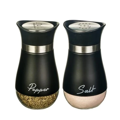 Image of Salt and Pepper Shakers Set, Glass Bottom Shaker with Stainless Steel Lid for Kitchen Gadgets Cooking Table, Camp,BBQ Spice Containers, BBQ Seasoning Bottle Jars. (Black)