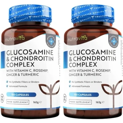 Image of Glucosamine and Chondroitin Complex (2 Packs of 180) 360 High Strength Capsules Contributes to Maintenance Normal Immune System Vitamin C, Turmeric, Ginger Rosehip UK Made by Nutravita