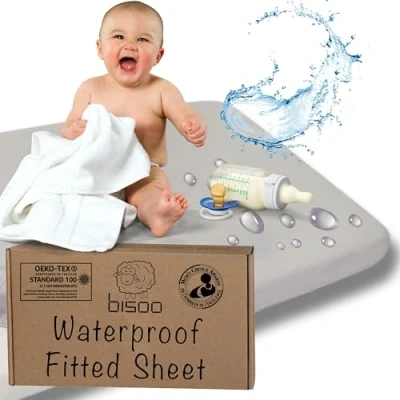 Image of Bisoo Waterproof Cot Sheets 120x60 Fitted 2in1 Sheet Mattress Protector Made of 100% Jersey Oeko Tex + PU Baby Cots Beds &amp; Cribs Soft Silent 24x48 in / 60 x 120 cm Gray