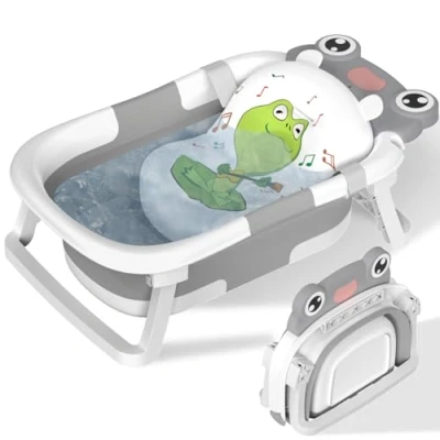 Image of Baby Bath Tub Foldable,Bathtub Essentials for Newborn with Collapsible Support and Non Slip Seat Cushion Stand Pad,Folding Infant Baths to Toddler 0 6 12 Months Portable Travel(Grey)
