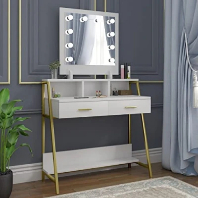 Image of WOLTU Dressing Table with LED lights Mirror, Makeup Desk Adjustable Brightness, Vanity Drawers and Shelves, Modern Dresser, White Bedroom Furniture 90x40x135cm MB6076ws