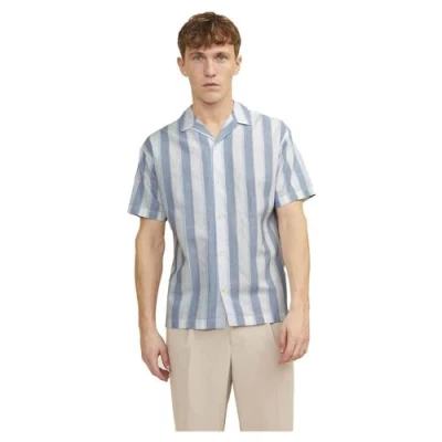 Image of JACK &amp; JONES Men&#039;s Jprccsummer Stripe Resort Shirt S/S Short Sleeved, Captains Blue/Fit:Relax Fit, S