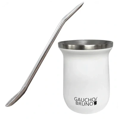 Image of Gaucho Bruno Stainless Steel Industrial Mate with Bombilla for Drinking Yerba Easy to Clean Comfortable Hold Keeps Warm Longer, White