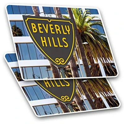 Image of 2 x 7.5cm Rectangle Vinyl Stickers Beverly Hills Los Angeles USA America 3101