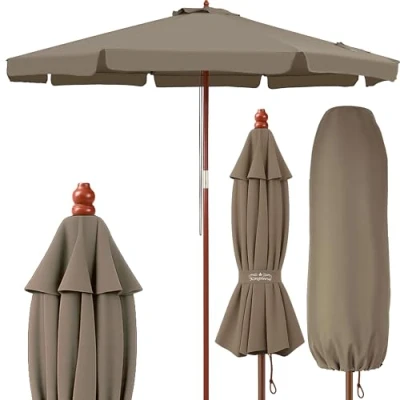 Image of Kingsleeve® 3.3m Wooden Parasol with UV Protection 80+ and Protective Cover Large 330cm Round Garden Patio Sun Umbrella Water Repellent Windproof Cable Pull Stable Taupe