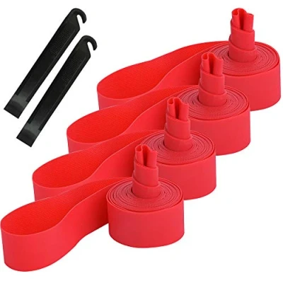 Image of QitinDasen 4Pcs Premium PVC Bike Tire Rim Tape, 26&quot; Bicycle Inner Tube Protection Pad, Mountain Liner, Anti Puncture Wheel with 2 Pcs Lever (Red)